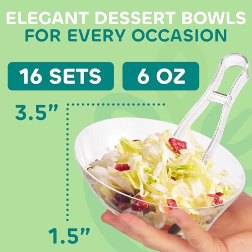 Clear Plastic Candy Bowls 6 oz (32 Pcs Set) - Candy Bar Container Display | Includes 16 Angled Bowls w/ 8 Scoops & 8 Tongs, Buffets, Ice Cream Sundae Dessert Supplies, Toppings & Party Serving Cups