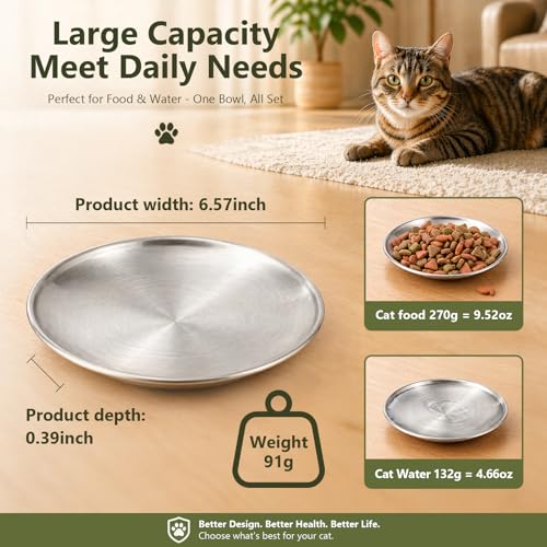 ChefBee 4PCS 6.7" Stainless Steel Shallow Cat Bowls, Whisker Friendly | Flat Shallow Wide Design, Food & Water Dishes, Easy to Clean, For Indoor Cats, Kittens & Multicats, Pet Feeding Plates