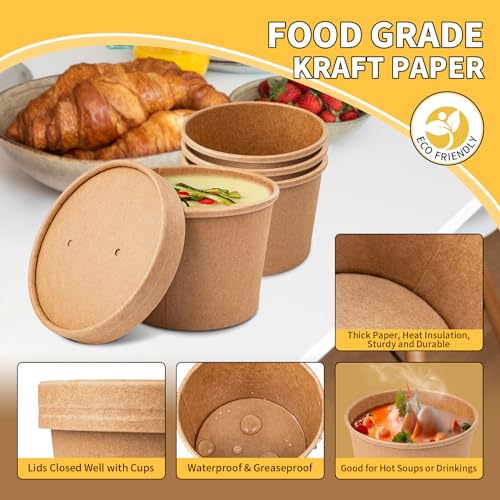 PakTalk 50 Pack Soup Containers with Lids, Disposable and Biodegradable Ice Cream Cups Kraft 12oz Paper Soup Bowls with Lids for Hot Drinking, Food, and Ice Cream (50 sets, 12 oz)