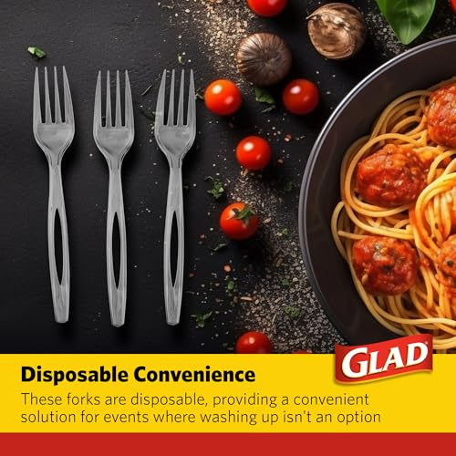 Glad Clear Heavy Duty Disposable Plastic Forks, Standard Size, 70 Count | Break-resistant, reduced-plastic forks for parties, camping, and everyday meals, top-rack reusable