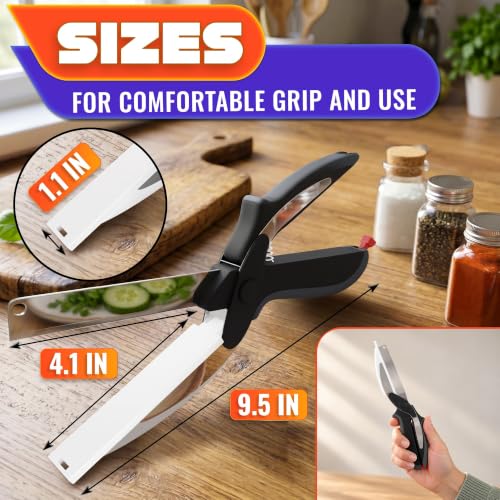 2 in 1 Kitchen Scissors for Food, Cutting Board Scissors with Safety Lock | Tomato Knife Alternative for Soft Veggies, Fruit & Cheese, 9 1/2 Inch Stainless Steel, Right or Left Hand, Dishwasher Safe