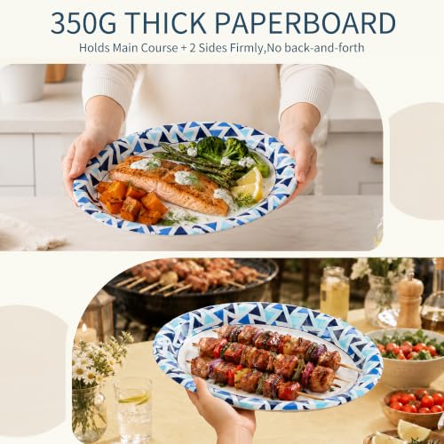 OuMuaMua Paper Plates 12 Inch, 12x10 Inch Oval Disposable Plates,100 Count | Soak Proof & Cut Resistant, Microwave Safe, Sturdy Bulk Large Paper Plates, Elegant Blue Pattern for Picnic, BBQ & Large Meal