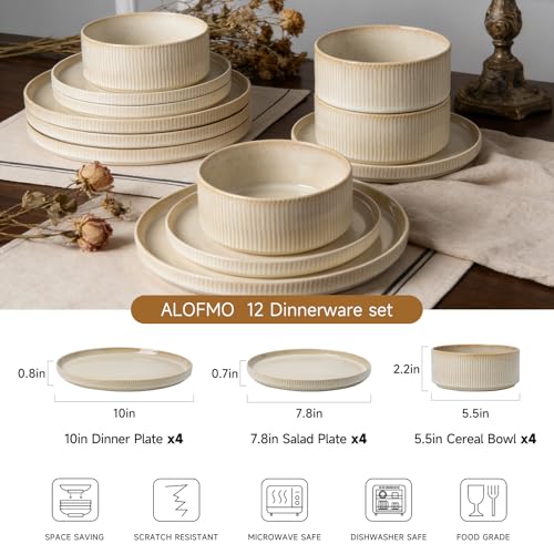 Stoneware Dinnerware Sets for 4, 12Pcs Ribbed Plates and Bowls Set, Beige | Handmade Reactive Glaze Ceramic Dishes, Microwave and Dishwasher Safe, Modern Minimalist Tableware for Everyday Use