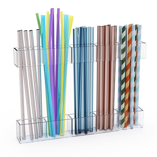 Upgraded 9.5'' Large Acrylic Straw Holder for Cabinet Door, Adjustable Space-Saving Straw Organizer Storage Dispenser for Cabinet with Ultra Sticky Adhesive Strips, 2-Part Rack, Drainage Holes