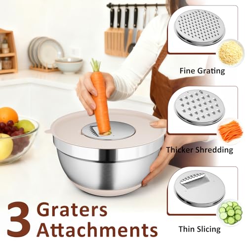 Hybemmy 9 Pack Mixing Bowls with Airtight Lids & Grater Attachments, Khaki | Stainless Steel Bowl, Non-slip Bases, Nesting Kitchen Bowl, Size 5, 4, 3, 2, 1.5,1QT,for Food Prep, Baking, Storage & Serving