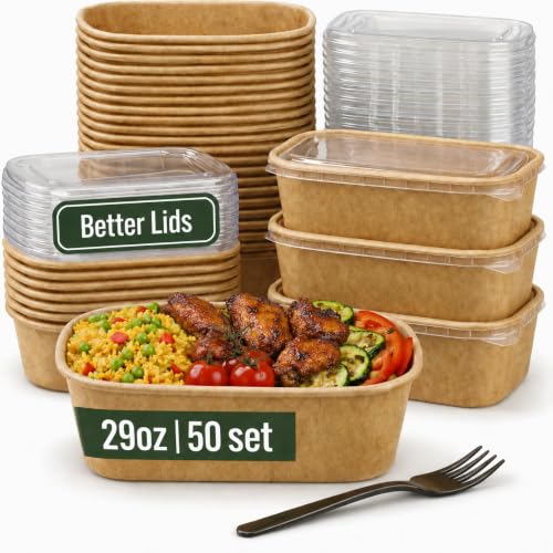 50 Pack 29oz Disposable Meal Prep Containers with Lids, Paper Food Bowls | Microwave & Freezer Safe, Leak-Resistant, Stackable, With Forks, For Soup, Salad, Pasta, Rice, Lunch, To Go, Take-Out, Office