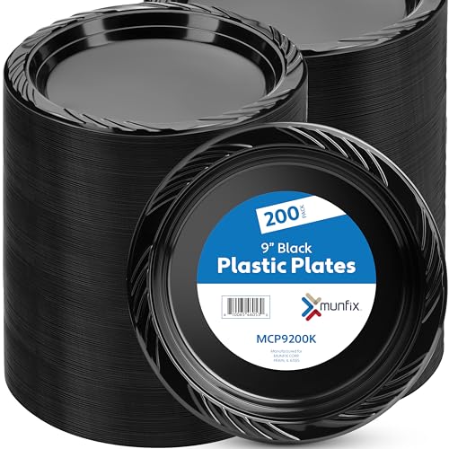 Munfix 9 Inch Black Plastic Dinner Plates Set 200 Bulk Pack Disposable | Lunch Plates for Parties, BBQ, Picnic Party, Travel and Events, Microwavable Recyclable