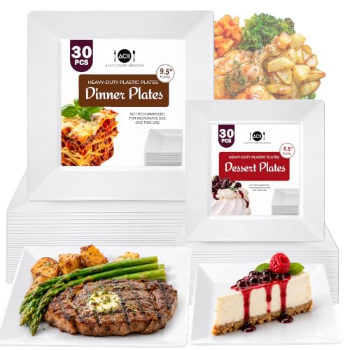 [60 PCS] Square Plastic Plates for Party | White Disposable Plastic Plates | 9.5-Inch 30 Dinner & 6.5-Inch 30 Salad Plates | Hard Plastic Plates Disposable for Parties, Wedding, Christmas & Thanksgiving