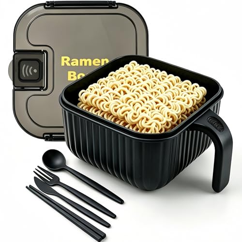 Ramen Bowl Set,Ramen Noodle Bowls for Large Square or Round Noodle Microwavable 45 oz, Ramen Cooker, Microwave Pasta Cooker, Food Container Microwave Gift for College Male Female Dorm Room(black)