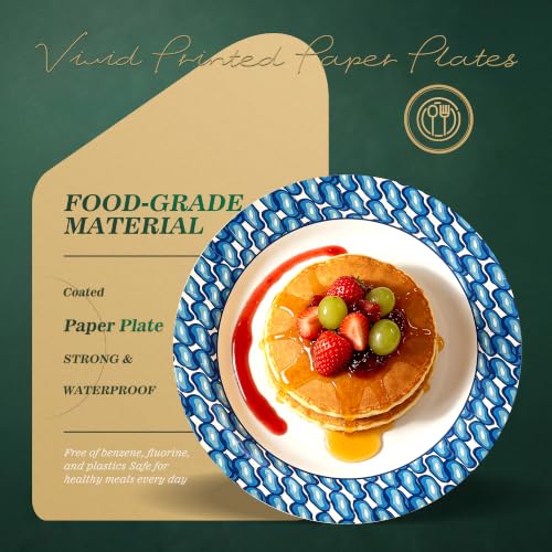 Pulvoro Paper Plates 8.5 Inch 300 Count Disposable Printed Plates | Cut Resistant, Soak Proof, Heavy Duty Printed Paper Plates, for Camping, Parties, Family Gathering and Daily Use