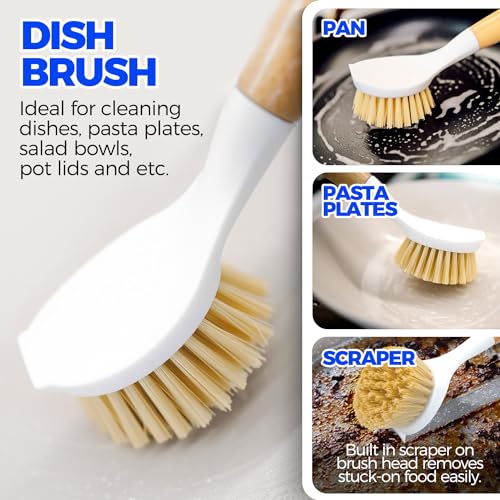 Holikme 6 Pack Dish Brush with Bottle Brush Scrub Brush Straw,Yellow | Dish Brush, Palm Scrub Brush and Straw Brush, Dish Scrubber Long Handle for Dish Bottle Cup Skillet Wok Pot Pan Cast Iron