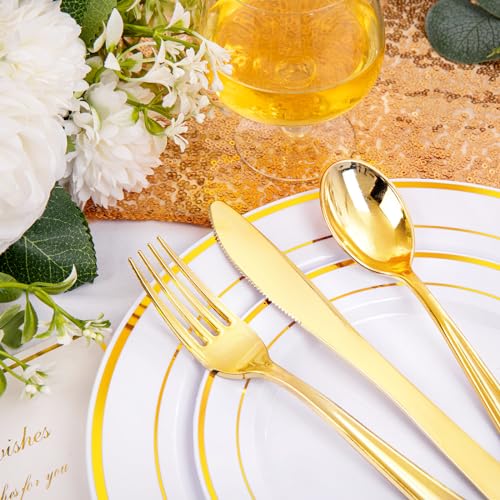 I00000 200 Pcs Gold Plastic Plates, Premium Disposable Gold Plates | Gold Rimmed Plastic Plates, BPA Free, Perfect for Wedding, Birthday, Holidays, Party, 100 Dinner & 100 Dessert Plates