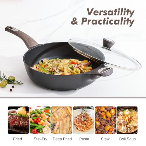 SENSARTE Nonstick Frying Pan Skillet with Lid, 12 Inch Large Deep Frying Pan, 5 Qt Non Stick Saute Pan with Cover, Induction Pan, Healthy Non Toxic Cooking Pan with Helper Handle, PFOA PFOS Free