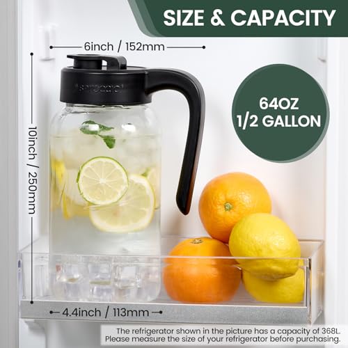 Spreccio Mason Jar Pitcher, 64 oz (2 quart), Glass Pitcher with Lid | Airtight, Leak proof, Ergonomic Handle, Pour Spout Lid, Fridge Safe, for Sun Tea, Iced Tea, Cold Brew, Lemonade, Outside