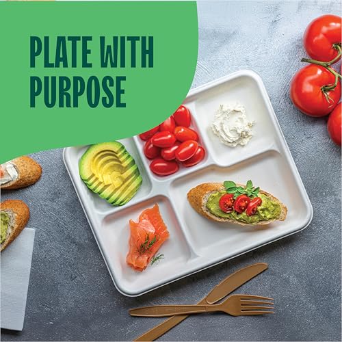 100% Compostable 5-Compartment Tray [125-Pack] Heavy Duty Bagasse Plates | Eco-Friendly Biodegradable School Lunch Tray Made of Sugar Cane Fibers, PFAS-Free & BPI Certified White Divided Platter