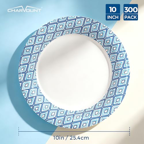 Charmount 10 Inch Disposable Blue Paper Plates - 300 Count | Soak Proof, Cut Proof Heavy Duty Dinner Plates for Party, Picnic, Family Gatherings, Everyday Use