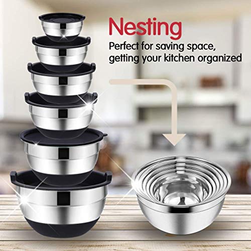Rottay 20PCS Stainless Steel Mixing Bowls with Airtight Lids Set | Includes 3 Grater Attachments and Non-Slip Bottoms with Size 7, 4, 3, 2, 1.5, 1QT Nesting Bowls for Baking, Meal Prep