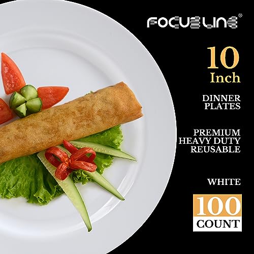 FOCUSLINE 100 White Plastic Plates, 10" Disposable Heavy Duty Dinner Plates | Premium Hard Plastic Plates Fancy Disposable White Dinner Plates for Weddings, Parties and Events