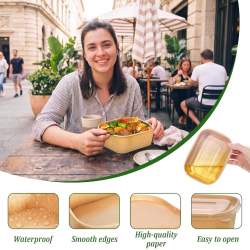 Pilruawim 50 Pack 29oz Disposable Meal Prep Containers with Lids and Forks, Microwave and Freezer Safe Kraft Paper Bowls for Salad Noodles, Take Out Containers for Hot/Cold Food
