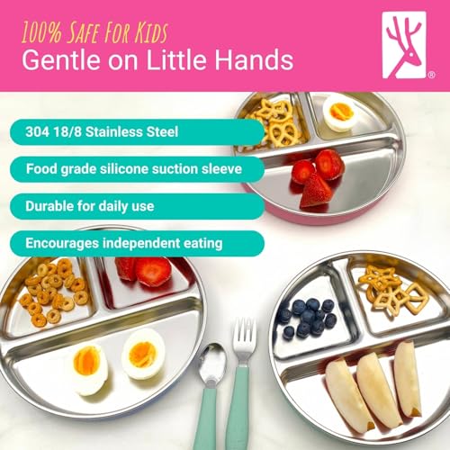 Elk and Friends Kids/Toddler 7.8" Stainless Steel Divided Plate + Lid | 4pk | Suitable for Babies | Silicone Suction Sleeves | Lids Included | Dishwasher Safe | Baby Weaning Supplies