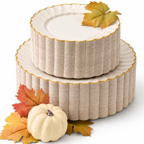 By Madee HEAVYWEIGHT Ivory Gold Scalloped Plastic Plates for Wedding 100 Pc | 30% Heavier • Heavy Duty Thanksgiving Plates • Thanksgiving Plastic Plates • 50 Dinner & 50 Dessert • Beautiful Fall Hosting