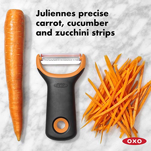 OXO Good Grips Stainless Steel Julienne Prep Vegetable Peeler | Food Prep, Shredder, Slicer, Blade, Non-Slip Grip, Carrot, Cucumber, Zucchini Strips, Zoodles, Dishwasher Safe