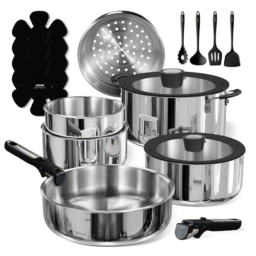 CAROTE 18pcs Tri-Ply Stainless Steel Cookware Set with Detachable Handle