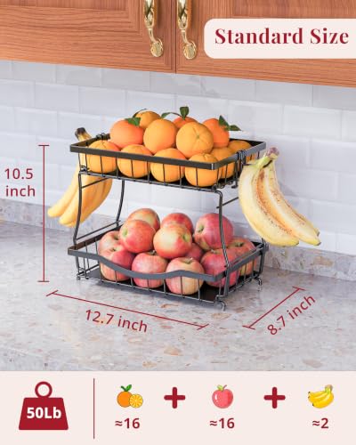 2-Tier Fruit Basket for Kitchen Counter with 2 Removable Banana Holders | Metal Wire Fruit Bowl with Protective Pads & Rubber Feet | Kitchen Organization for Vegetables, Snacks & Bread | 12.7"Lx8.7"W