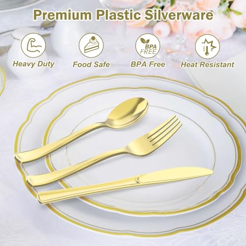 Dealusy 200 Count Heavy Duty Gold Plastic Silverware | 100 Forks, 50 Spoons, 50 Knives, BPA-Free, Heat Resistant, Disposable Plastic Utensils Set Cutlery Set, Plasticware Bulk