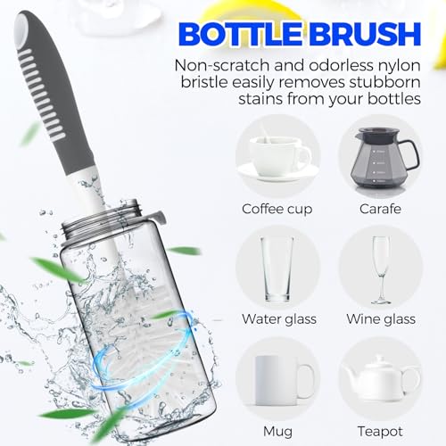 Holikme 6 Pack Dish Brush Set with Bottle Brush, Dish Scrub Brush,Gray | Pan Brush and 3 Straw Brushes, Deep Cleaning Handle Brush with Scraper Tip for Kitchen Sink Dishes Bottle Cup Pot and Pans