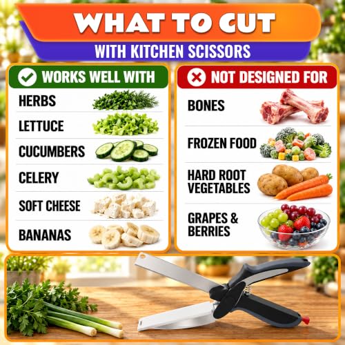 2 in 1 Kitchen Scissors for Food, Cutting Board Scissors with Safety Lock | Tomato Knife Alternative for Soft Veggies, Fruit & Cheese, 9 1/2 Inch Stainless Steel, Right or Left Hand, Dishwasher Safe