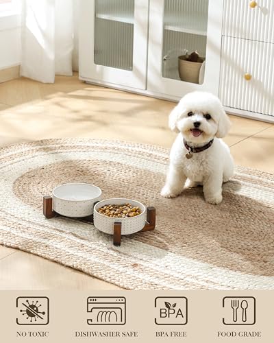 MALACASA Dog Bowl Set, Ceramic Bowls with Walnut Wood Stand, 2 Cups | Rhombic and Polka Dot Design, Non-Slip Base, for Cats and Dogs, About 26% Heavier than Similar Ceramic Bowls