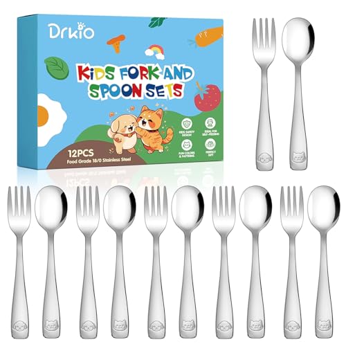 DRKIO 12Pcs Stainless Steel Toddler Utensils Small Metal Kids Silverware | Food-grade, Ideal Transitional Baby Forks and Spoons, Cute pattern, Designed for Children, Dishwasher Safe, Mirror Polished