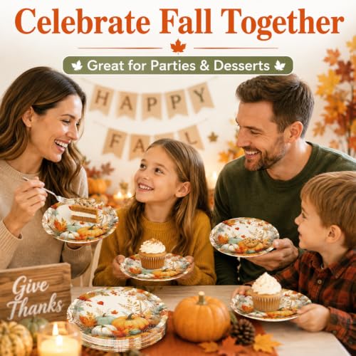 LDFDRT 7 Inch Fall Paper Plates 50pcs Pumpkin Thanksgiving Dessert Plates | Fall Themed Paper Plates Autumn Leaf Pumpkin Design Disposable Thanksgiving Dessert Plates for Fall Birthday,Holiday Party