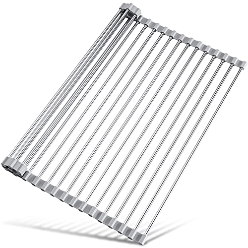 Tomorotec Roll Up Dish Drying Rack Over Sink, 304 Steel, 17.7x15.5, Grey | Anti-Slip Silicone Rims For Grip, Heat-Resistant Trivet Mat Holding Heavy Cookware, Rustproof Kitchen Counter Space Saver