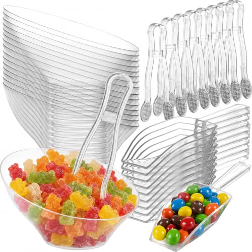 Clear Plastic Candy Bowls 6 oz (32 Pcs Set) - Candy Bar Container Display | Includes 16 Angled Bowls w/ 8 Scoops & 8 Tongs, Buffets, Ice Cream Sundae Dessert Supplies, Toppings & Party Serving Cups