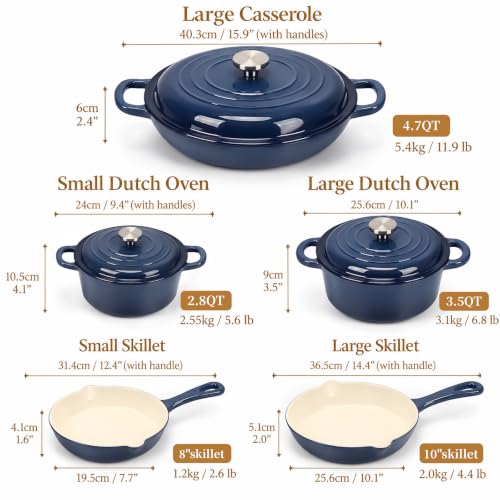 QuliMetal 5-Piece Navy Blue Enameled Cast Iron Cookware Set