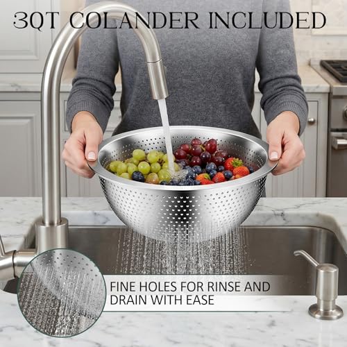 DUTZUN Kitchen Gadgets, Stainless Steel Mixing Bowls & Colander Strainer | Home & kitchen essentials for cooking, 5 nesting metal bowls with strainer for salad, baking & serving, dishwasher safe