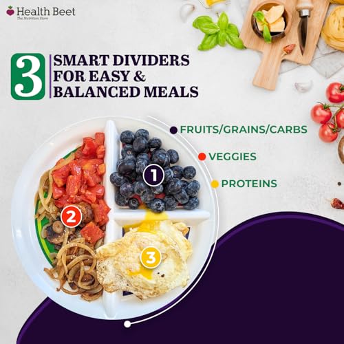 Health Beet 10” Diabetic Portion Control Plate for Balanced Eating -3 Divided Sections for Veggies Carbs & Protein - Microwave & Dishwasher Safe Bariatric Sectioned Plates for Adults & Kids - 1 Pack