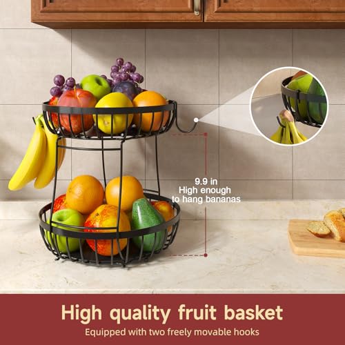 Sevenblue 2 Tier Large Fruit Bowl for Kitchen Counter with 2 Banana Hangers | Sturdy Metal Basket for Fruit, Bread & Onions, Modern Wire Fits Various Styles, Includes Food-Safe Mats to Keep Produce Fresh
