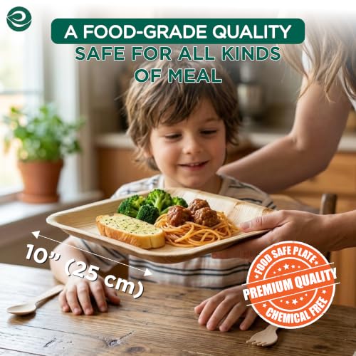 ECO SOUL 10 Inch Disposable Bamboo Plates (50 Pack, Square) | Premium, Natural, Food-Safe, Heavy Duty, Compostable, Eco-Friendly, Biodegradable, Best For Events, Parties, Weddings, BBQs