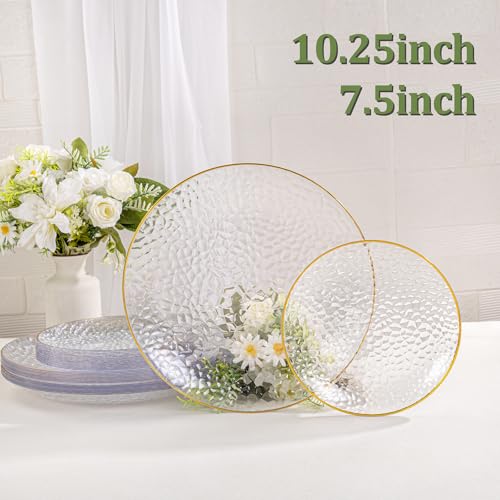 SUT 36Pcs Clear Plastic Plates, Hammered Plates Disposable Heavy Duty, Clear Disposable Plates With Gold Rim, Fancy Plastic plates Include 18 Dinner plate and 18 Dessert plate for Wedding