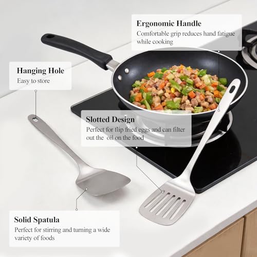 ChefBee 2PCS Stainless Steel Spatula Set, Solid & Slotted Turner | Heat Resistant, Heavy Duty Kitchen Utensils, Dishwasher Safe, For Flipping Fish Eggs Pancakes, Everyday Kitchen Cooking