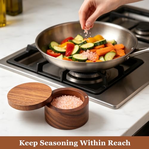 ZOVANO Acacia Wood Salt Cellar Bowl Box Container with Magnetic Lid | No Glue, One piece Wood, Keeping Sea Salt, Peppers Herbs or Seasoning