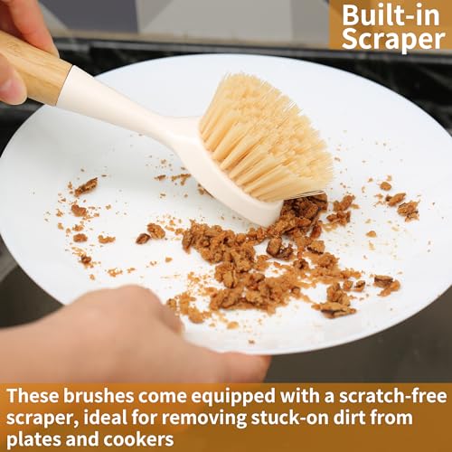 2 Pack Kitchen Dish Brush Bamboo Handle Dish Scrubber Built-in Scraper | Scrub Brush for Pans, Pots, Kitchen Sink Cleaning, Dishwashing and Cleaning Brushes are Perfect Cleaning Tools, White