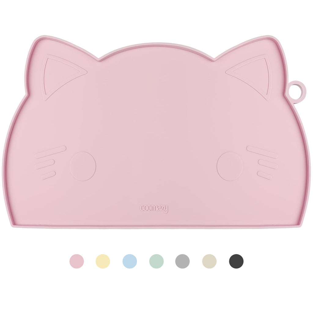 Coomazy Cat Food & Water Mat Thicker Non-Slip Silicone Mat with Raised Edge | Pink water food bowl mat,Feeding Fountain mat for indoor cats