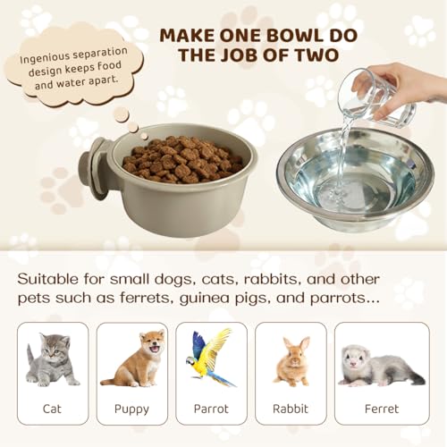 2Pcs Pets Lightweight Stainless Steel Bowl,Removable Stainless Steel Pet Hanging Food Water Feeder Bowl for Puppy Dog Cat Rabbit Ferret Bird Gunea Pigs (Gray-Small)