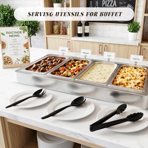 Mwellewm Plastic Serving Utensils Set, Disposable Tongs Spoons for Buffet | 10Inch Heavy Duty, BPA free,18Pc Party Catering Supplies Buffet Display Utensils for Restaurant, Wedding, Banquet, Food,Black