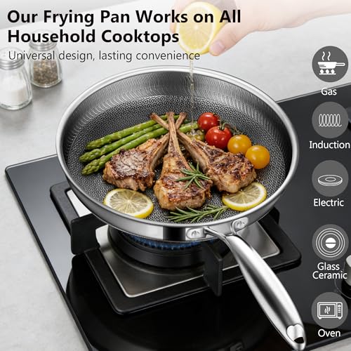 Vocvee Frying Pans, 10-inch with Lid, Hybrid Frying Pans Stainless Steel Skillets, Dishwasher & Oven-Safe, Stay-Cool Handle, PFOA Free Cookware, Compatible with All Cooktops