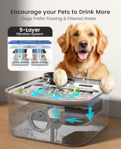 oneisall 10L/2.6Gal Dog Water Fountain for Large Dogs (with 6 Filters) | Deeper & Wider Drinking Area, Visualization Water Window & Triple Filtration,304 Stainless Steel